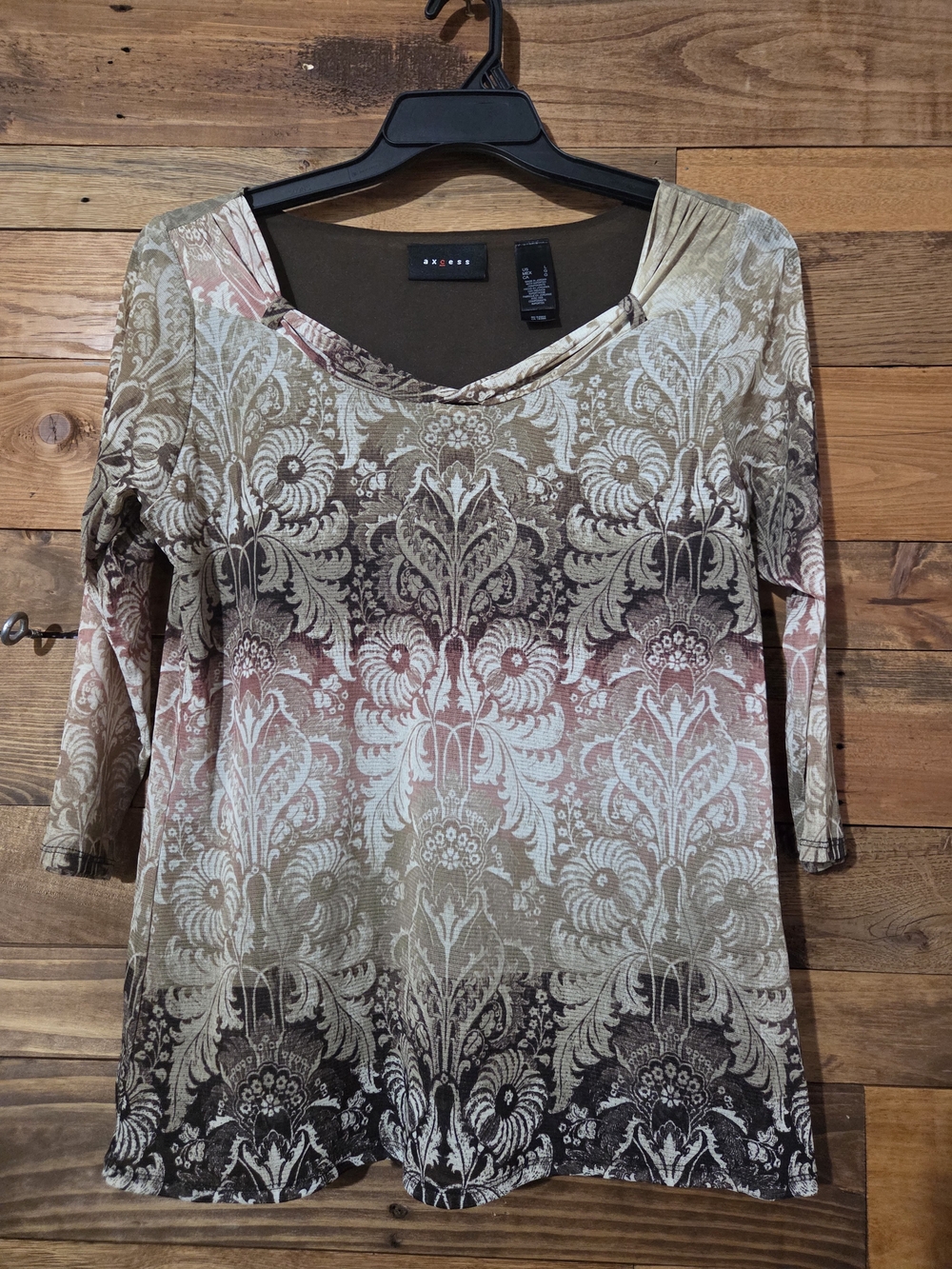 Baroque Damask Sheer Overlay Lined Knit Top 3/4 Sleeve Scoop Neck Beige Pink L